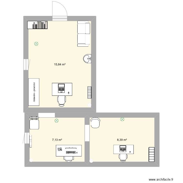 Bibliothèque, travail de Nora. Plan de 3 pièces et 31 m2