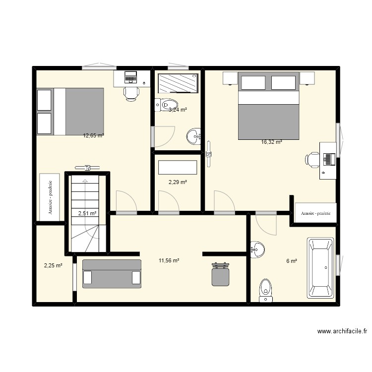 niveau 1. Plan de 8 pièces et 57 m2