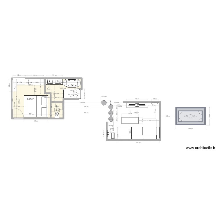 salon Roche rouge. Plan de 3 pièces et 15 m2