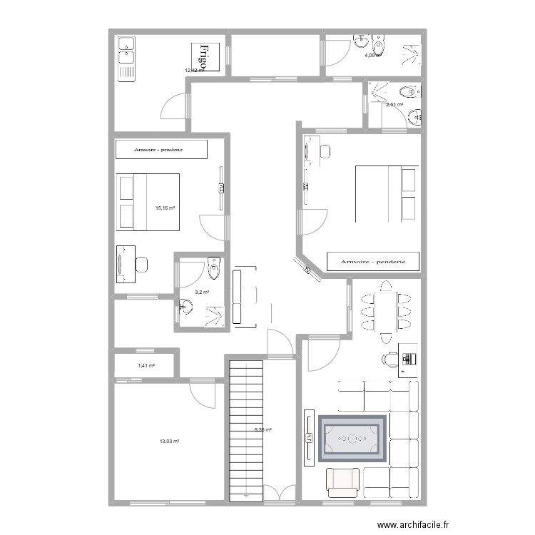 Plan KM18. Plan de 8 pièces et 61 m2