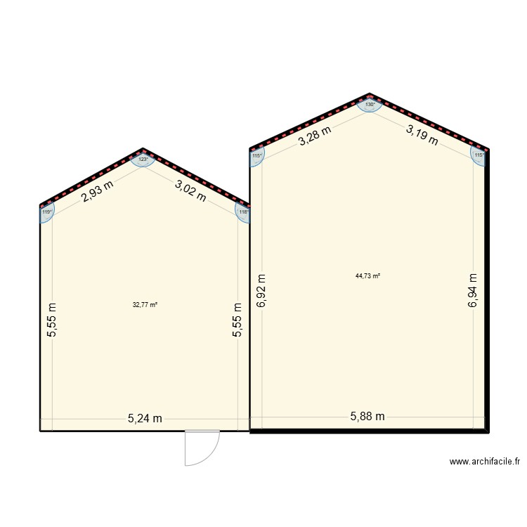 facade gauche. Plan de 2 pièces et 78 m2