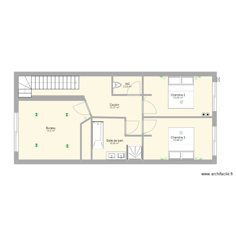 Villa 2 R+1 CH2et3 bureau. Plan de 6 pièces et 58 m2