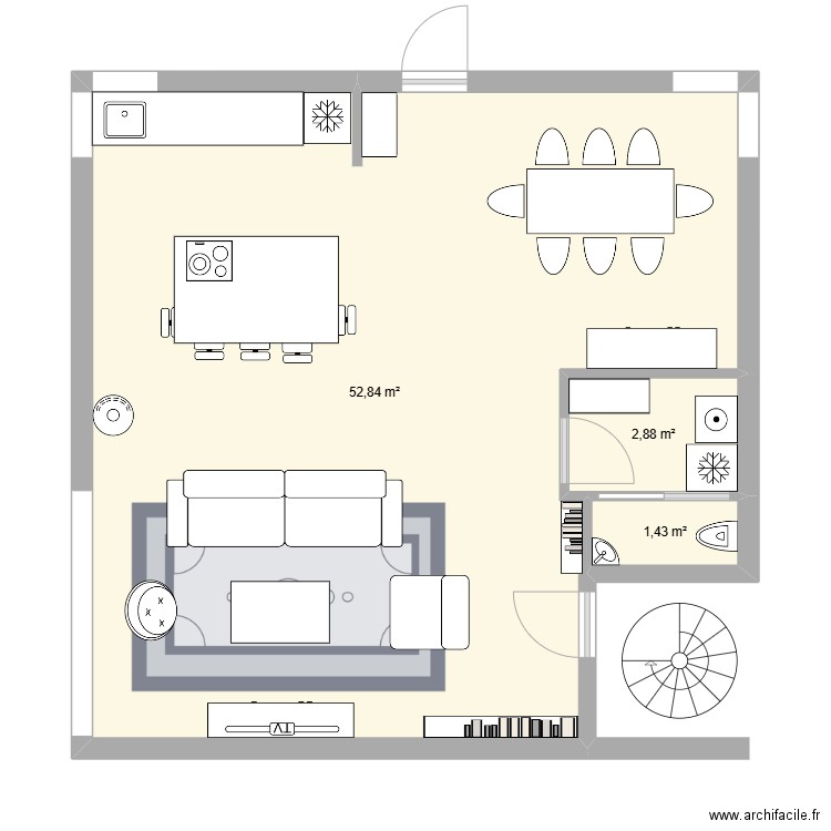 RDC Maison Cube 2. Plan de 3 pièces et 57 m2