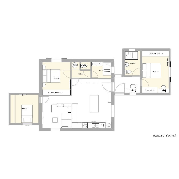 maison chambre provisoire + extension. Plan de 8 pièces et 43 m2