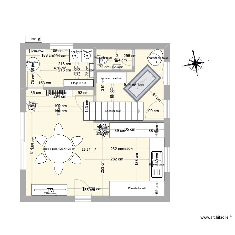 RDC. Plan de 3 pièces et 37 m2