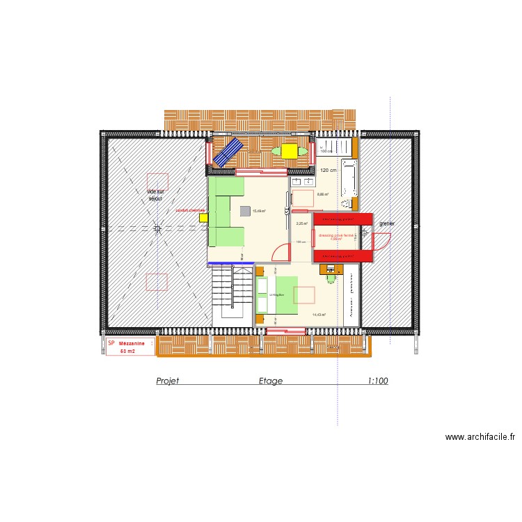 étage béné grand balcon. Plan de 5 pièces et 46 m2