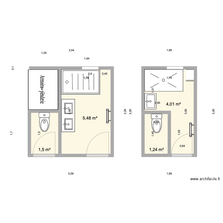 Sdb agrandissement. Plan de 4 pièces et 12 m2