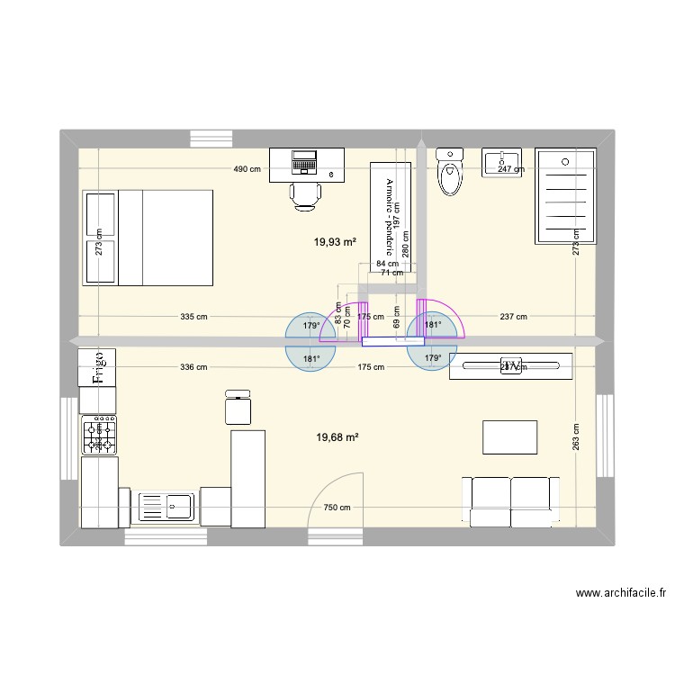 T1 Independant. Plan de 2 pièces et 40 m2