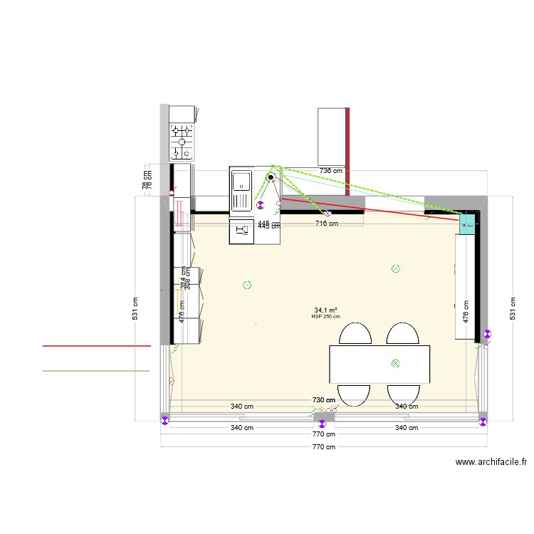 Extension cuisine - Plafonnier évier et applique mur existant. Plan de 1 pièce et 34 m2