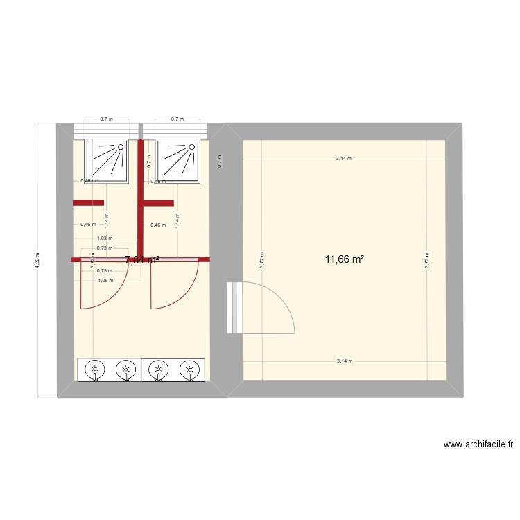 Vestiaire Femmes 2. Plan de 2 pièces et 20 m2