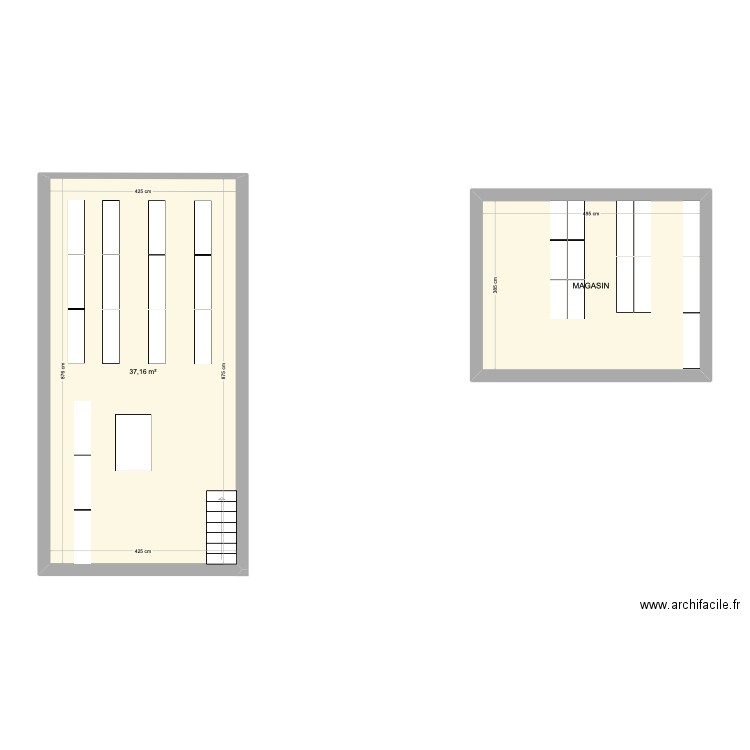 Magasin. Plan de 2 pièces et 56 m2