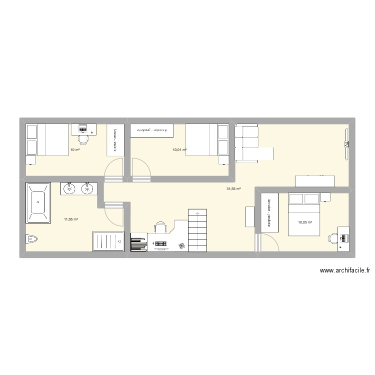 1ère étage. Plan de 5 pièces et 74 m2