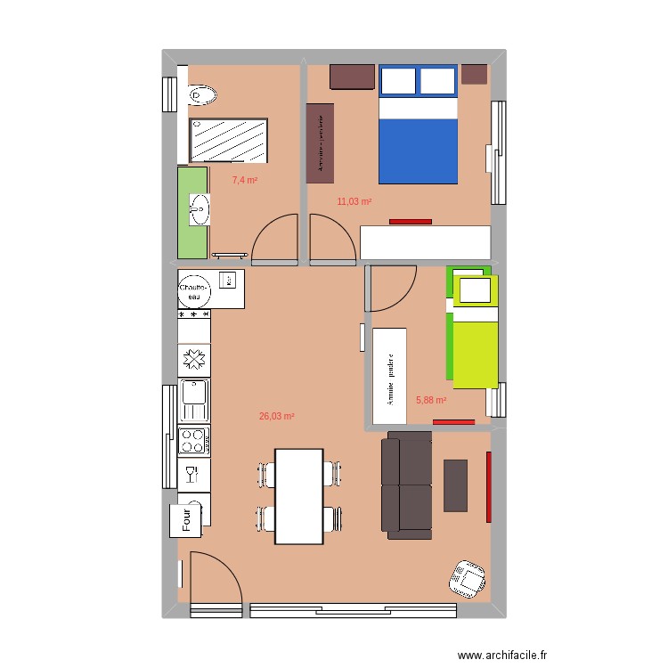 tout en long 2ch 50m2. Plan de 4 pièces et 50 m2