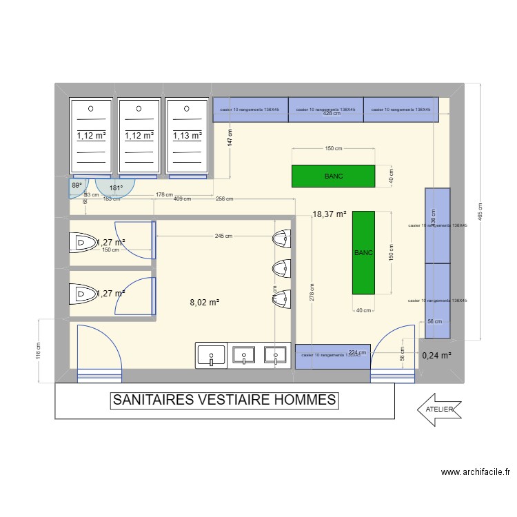 sanitaire hommes. Plan de 8 pièces et 33 m2