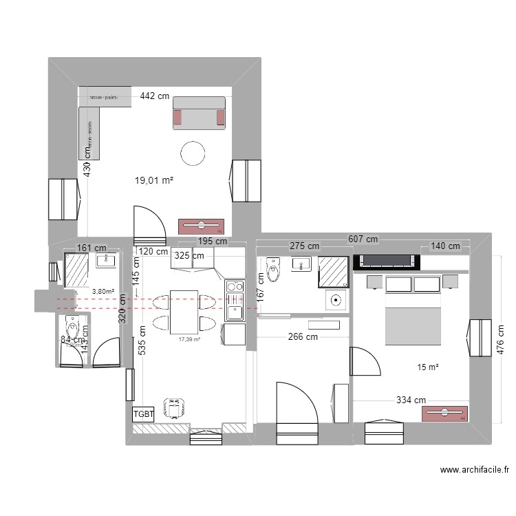 SDB & appartement 3. Plan de 2 pièces et 36 m2