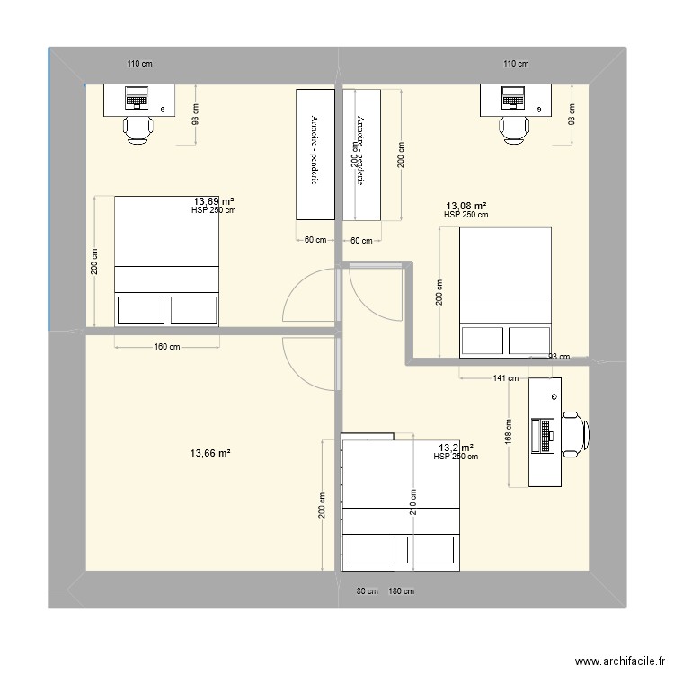 Etage bureau mezzanine. Plan de 4 pièces et 54 m2