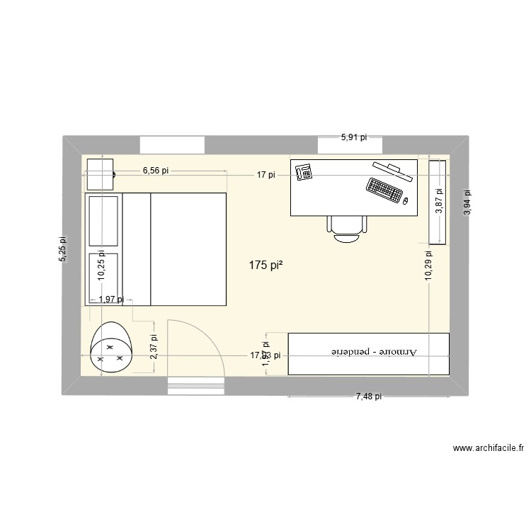 chambre bureau. Plan de 1 pièce et 16 m2