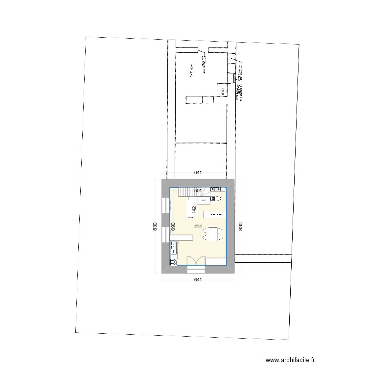 Vob_Longère escalier ouest. Plan de 5 pièces et 60 m2