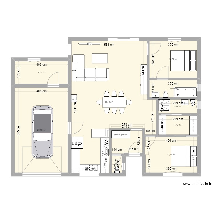 100m2 + 27m2 garage. Plan de 9 pièces et 124 m2