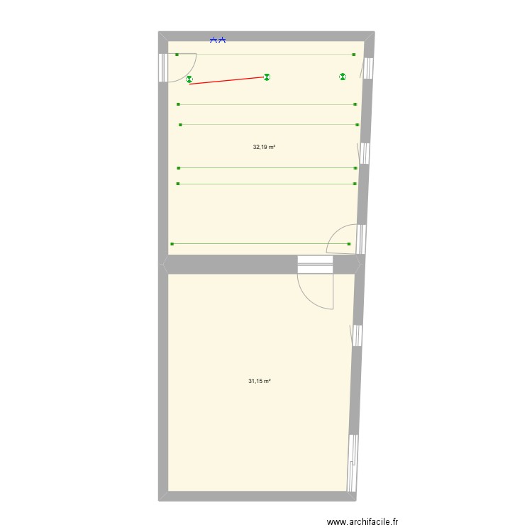 Salon + rangement gîte. Plan de 2 pièces et 63 m2