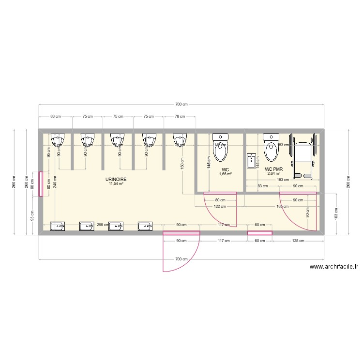 WC HOMME. Plan de 3 pièces et 16 m2