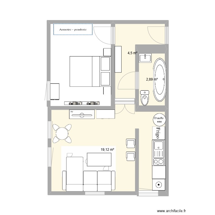 appart idée 1. Plan de 3 pièces et 27 m2