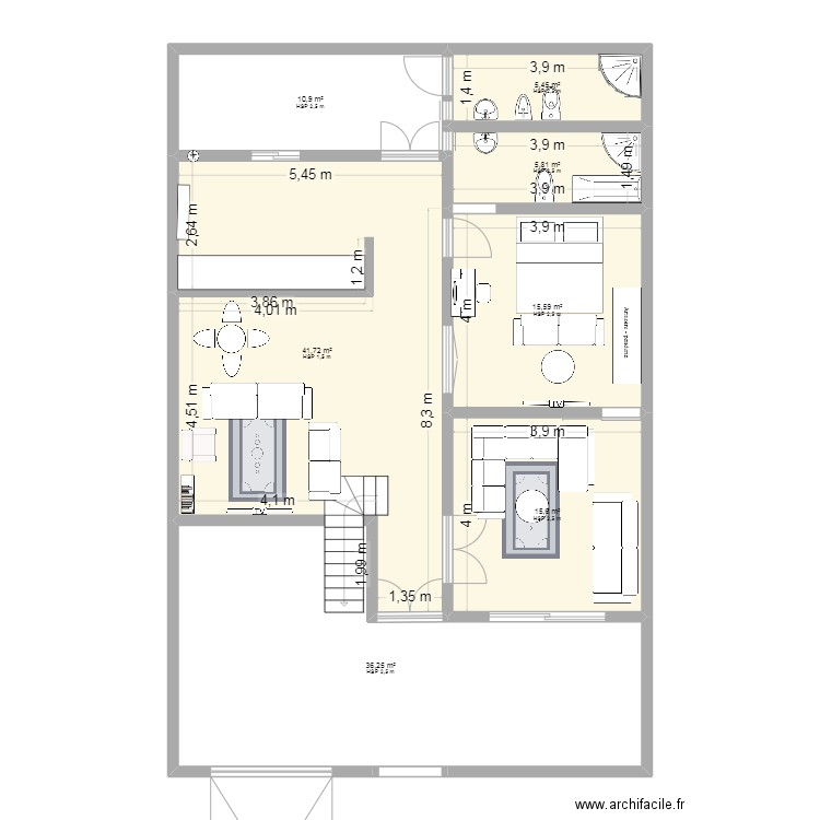 RDC Villa 10/15. Plan de 7 pièces et 131 m2