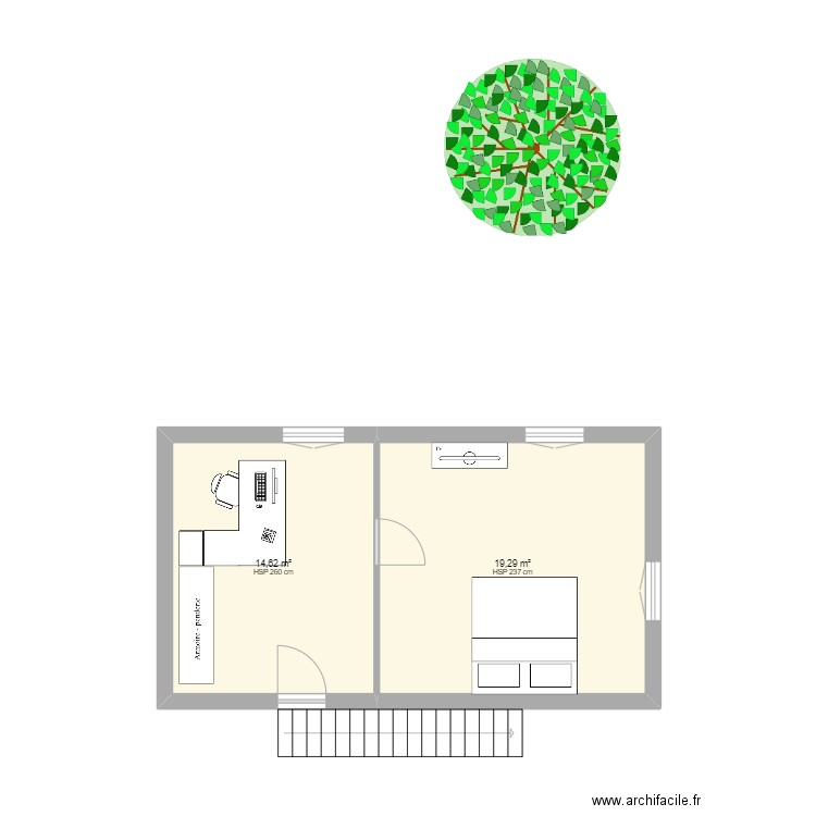 Bureau & Chambre 2. Plan de 2 pièces et 34 m2