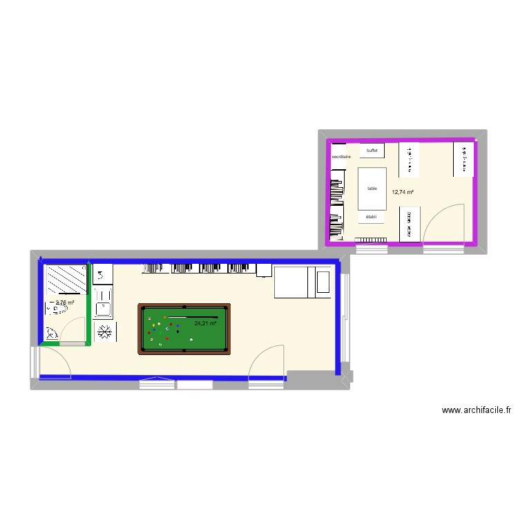 Gite atelier. Plan de 3 pièces et 40 m2