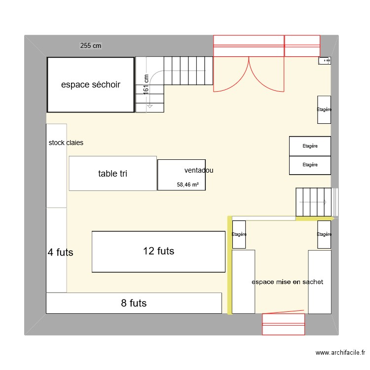 séchoir à modifier par Thibaut. Plan de 1 pièce et 58 m2