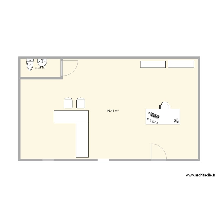 boutique. Plan de 2 pièces et 48 m2