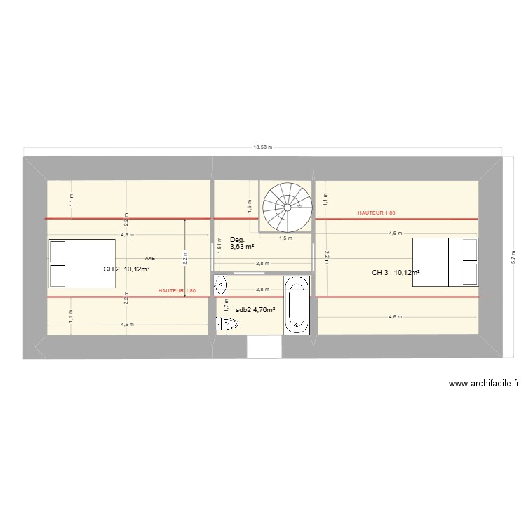 cloclo etage. Plan de 7 pièces et 53 m2