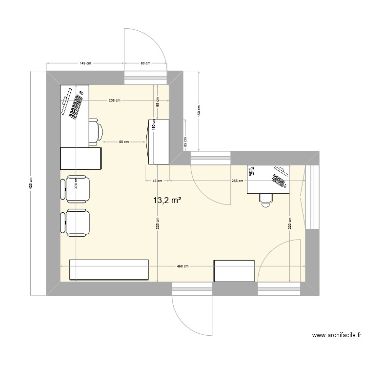 bureau. Plan de 1 pièce et 13 m2