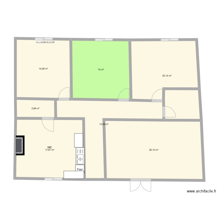 plan de 3 chambres salon avec salle à manger et cuisine . Plan de 7 pièces et 108 m2