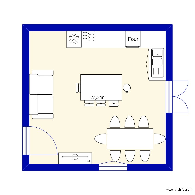 cuisine. Plan de 1 pièce et 27 m2