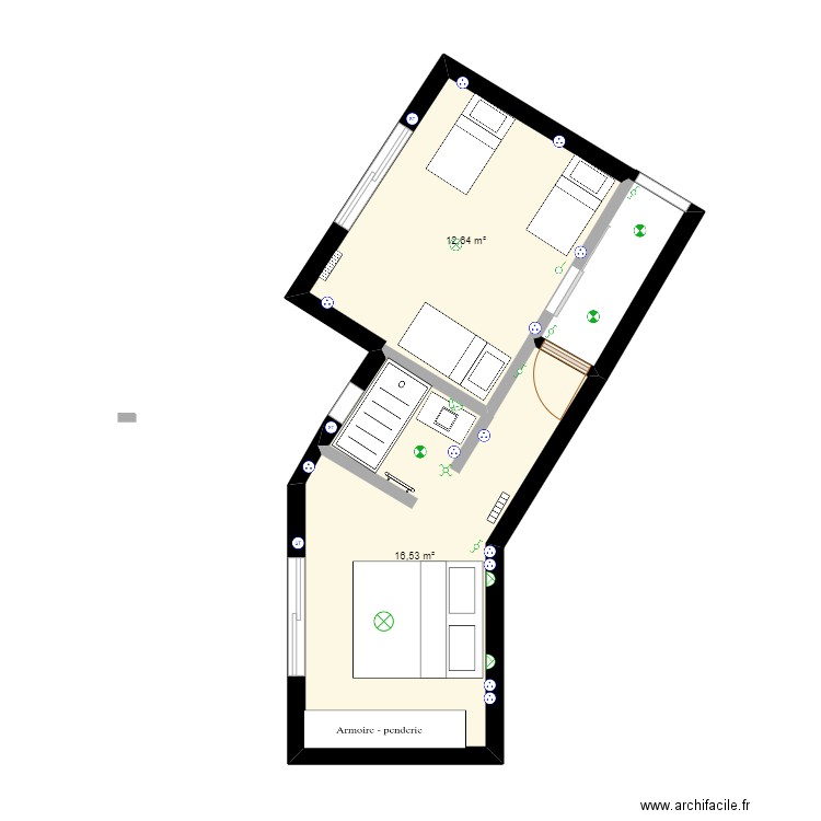 Malette - Chambre parents et enfants. Plan de 2 pièces et 29 m2