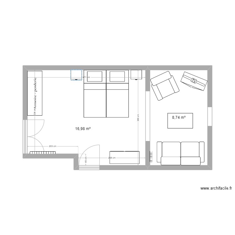 chambre. Plan de 2 pièces et 26 m2