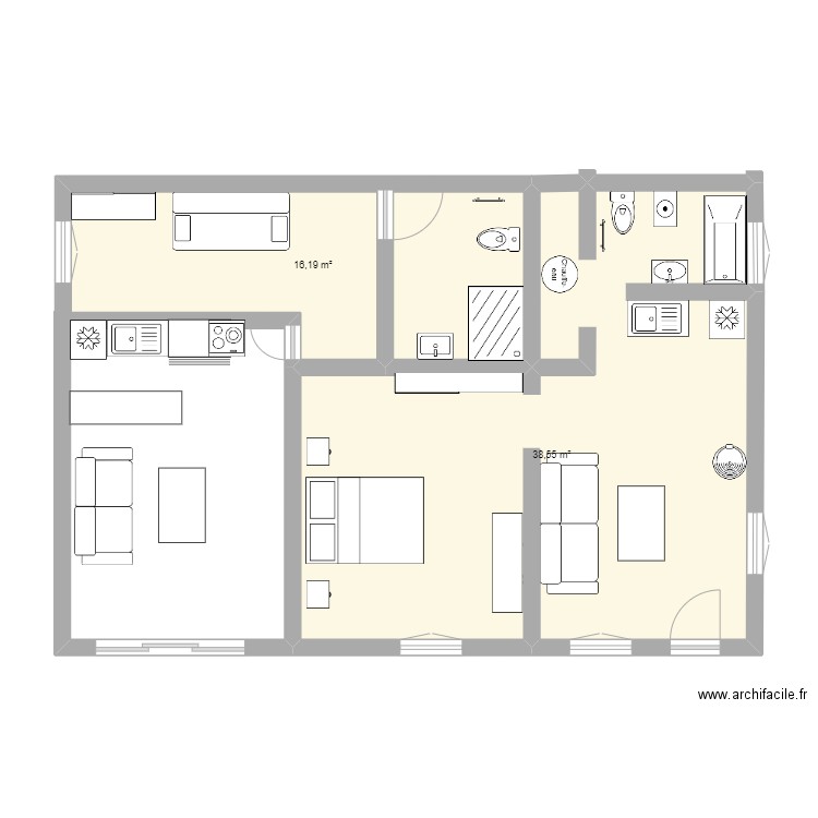 APPART1. Plan de 2 pièces et 55 m2