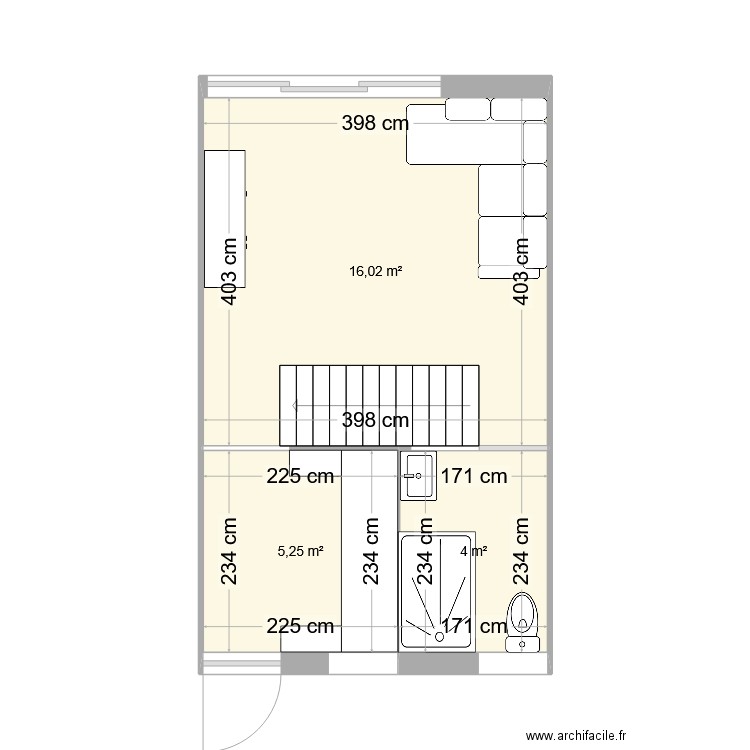 RDC. Plan de 3 pièces et 25 m2