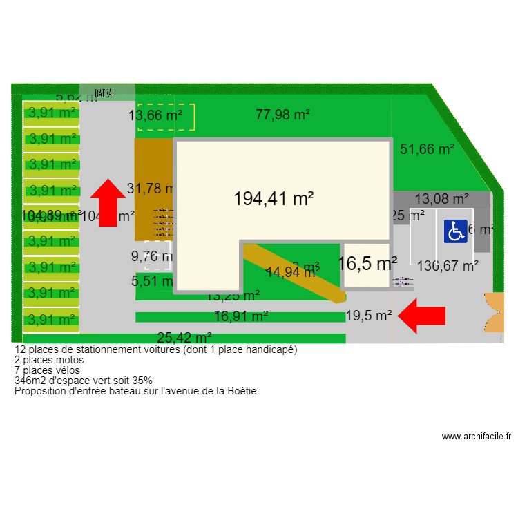 Projet cabinet kiné PRESENTATION V2BIS (Bateau + 11 places voitures + 1 handicapé + 2 motos+ 3 places soignants) 352m2. Plan de 2 pièces et 211 m2