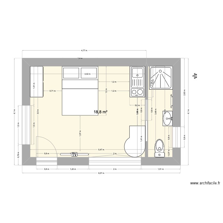 Studio. Plan de 1 pièce et 19 m2