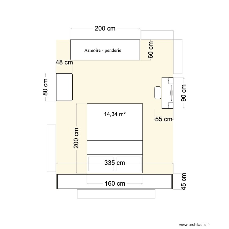 chambre. Plan de 1 pièce et 14 m2