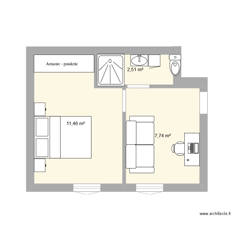 2eme etage. Plan de 3 pièces et 22 m2