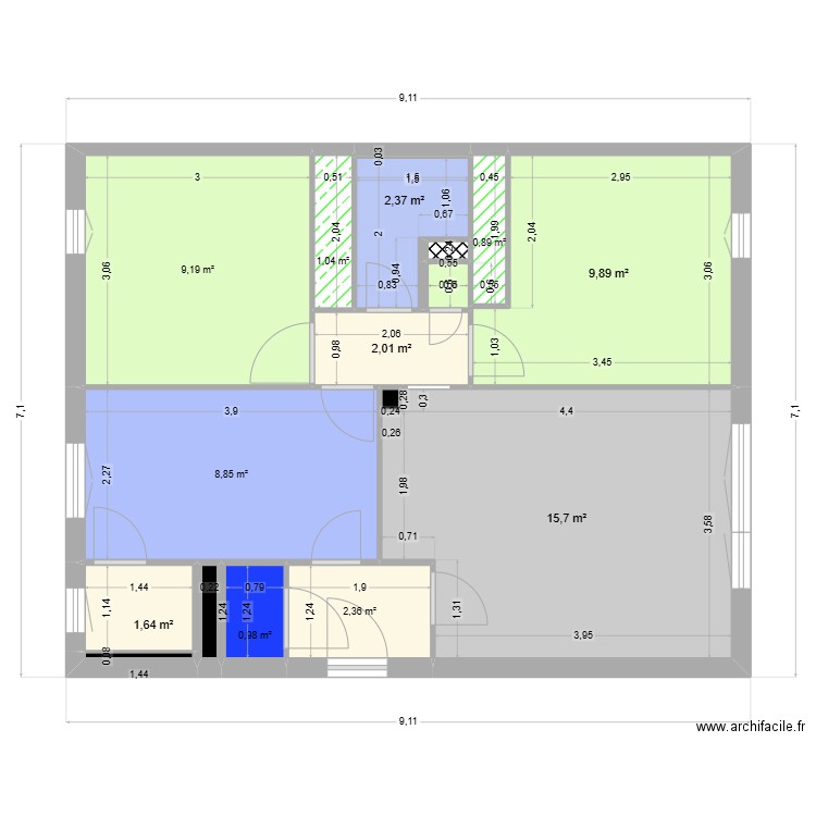 appt actuel3. Plan de 16 pièces et 56 m2