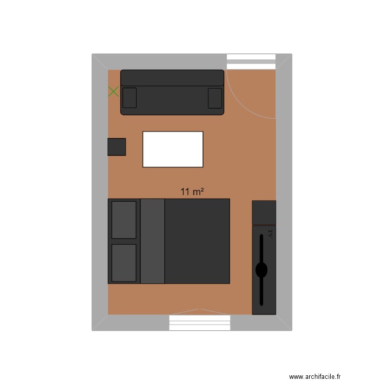 chambre. Plan de 1 pièce et 11 m2