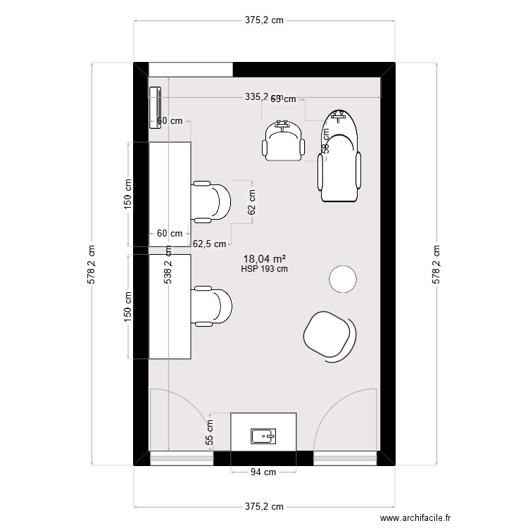 SALON DE COIFFURE v2. Plan de 1 pièce et 18 m2