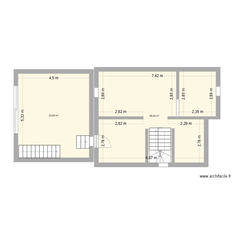 sous sol. Plan de 2 pièces et 63 m2