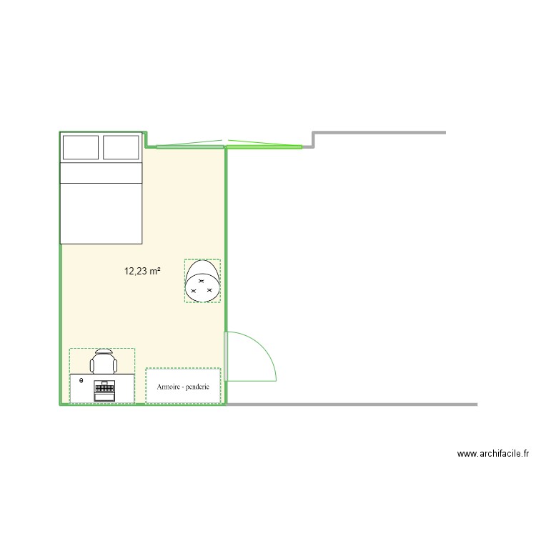 Premier étage avec les meubles. Plan de 1 pièce et 12 m2