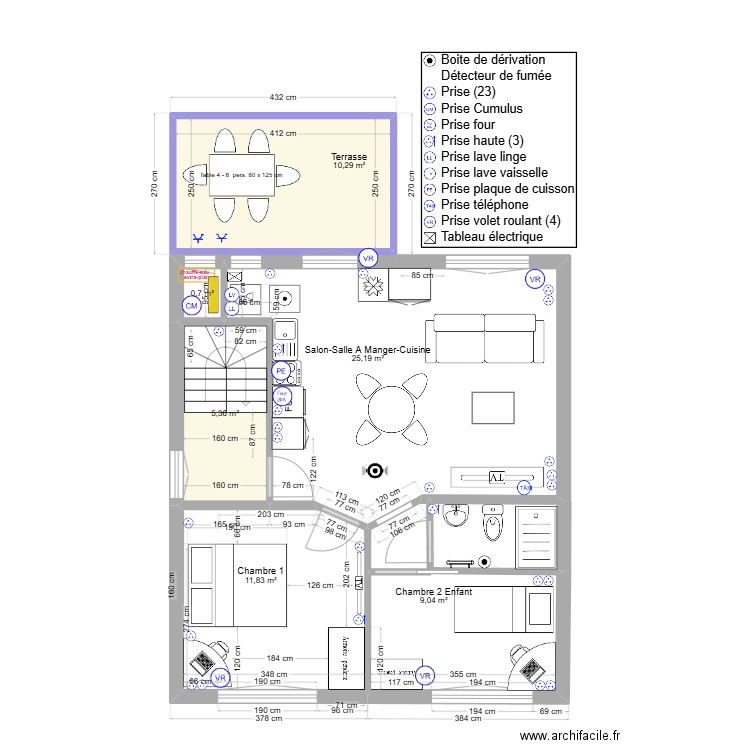 immeuble1 1er/2ème  Elec V4  sol b T3. Plan de 6 pièces et 62 m2