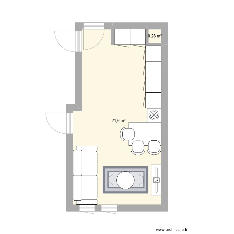 cuisine salon oxygen. Plan de 2 pièces et 22 m2